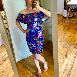 Floral off the shoulder body con party dress.